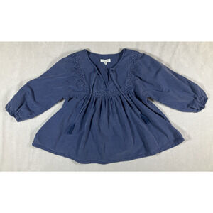 Cleo + Wolf Blouse Top Puffer Sleeve Boho Eyelet Blue Peasant Womens SZ Medium